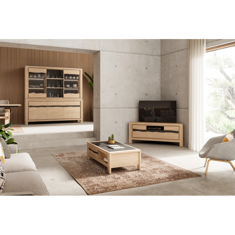 Meuble TV d'angle L150cm rangement tiroir niche porte bois et céram