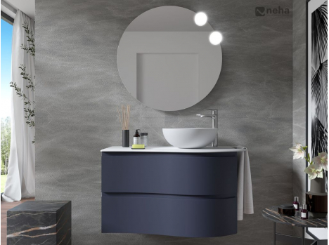 Meuble de salle de bain bleu avec miroir led