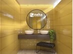 Salle de bain avec faience jaune brillant