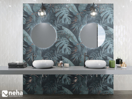 Salle de bain avec faience décorative tropic jungle bleu