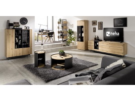Salon moderne avec meuble TV bois et métal
